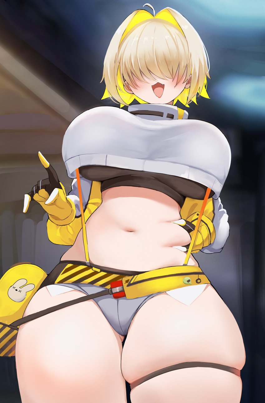 1girls :3 ahoge big_breasts blonde_hair blush breasts busty curvaceous curvy curvy_body curvy_female curvy_figure cute_fang denim_shorts elegg_(nikke) female fluffyebi01 gloves goddess_of_victory:_nikke hair_over_eyes huge_breasts large_breasts navel short_shorts shorts skindentation suspenders thick_thighs thigh_strap thighs voluptuous