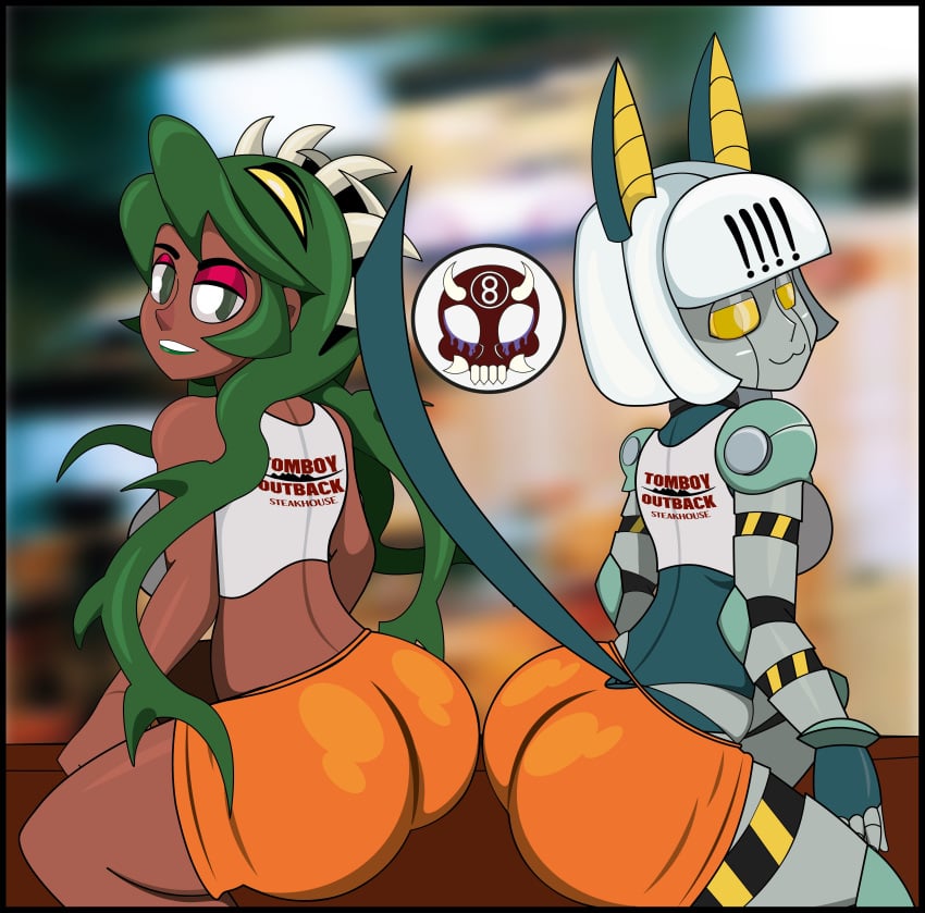 2girls 8ball9615 :3 backboob big_breasts big_butt catgirl dark-skinned_female fukua_(skullgirls) green_eyes green_hair green_lipstick living_hair medium_breasts multiple_girls outback_steakhouse robo-fortune robot_girl skullgirls tomboy_outback