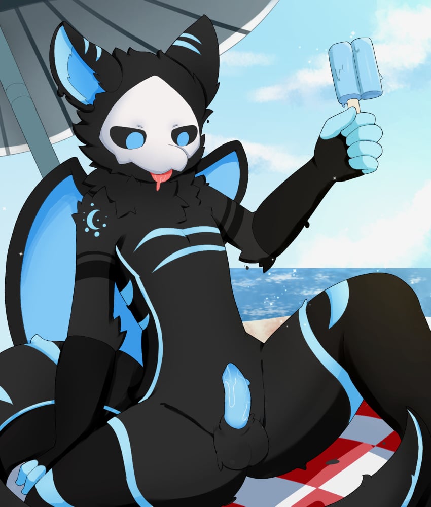 1boy 5_fingers animal_ear_fluff animal_ears animal_genitalia animal_penis animal_tail anthro balls beach belly biped black_body black_dragon black_fur black_sclera blep blue_ears blue_eyes blue_fur blue_penis blue_popsicle blue_stripes blue_wings blushing_male body_markings changed_(video_game) changed_fan_artist cloud cum curious cute_expression cute_eyes cute_face cute_male dragon drool drooling erection fingers fluffy fluffy_balls fluffy_belly fluffy_chest fluffy_ears fluffy_fur fluffy_head fluffy_tail fluffy_tails food fuckable fur furred_dragon furry genital_fluids genitals goo goo_creature hi_res holding_food holding_object holding_popsicle long_tail male male_only nude parasol penis picnic picnic_blanket popsicle precum puro puro_(changed) saliva saliva_drip sand sky small_penis small_waist smaller_male solo stripes submissive submissive_male summer tail tail_markings tongue tongue_out water white_mask wing_markings wings