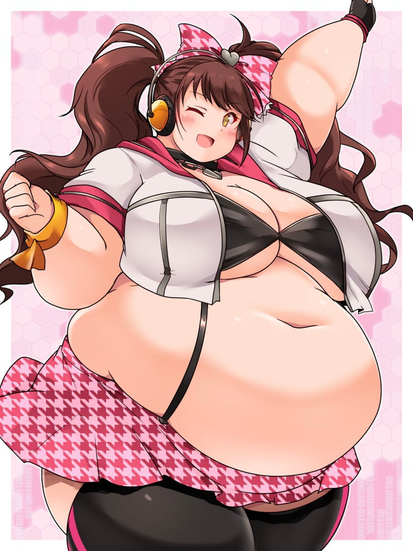 bbw belly_overhang big_belly big_breasts big_female blush bow chubby chubby_female fat fat_arms fat_ass fat_female fat_fetish fat_girl fat_woman fatty female female_only headphones huge_belly kujikawa_rise kurocaze large_female morbidly_obese morbidly_obese_female obese obese_female overweight overweight_female pattern_background persona persona_4 pink_background plump pork_chop skirt solo thick_thighs tubby weight_gain