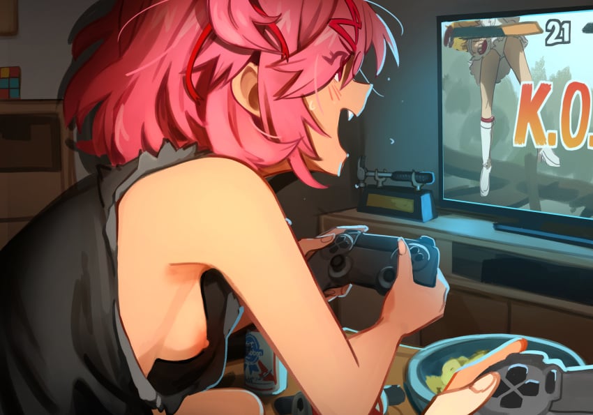 1girls 1v1 bowl breasts breasts_out can chips_(food) controller doki_doki_literature_club emilie_de_rochefort female gaming human k.o. khyleri light_skin natsuki_(doki_doki_literature_club) nipple_slip pink_hair ps4_controller sideboob small_breasts solo_focus tekken television tv unaware wardrobe_malfunction