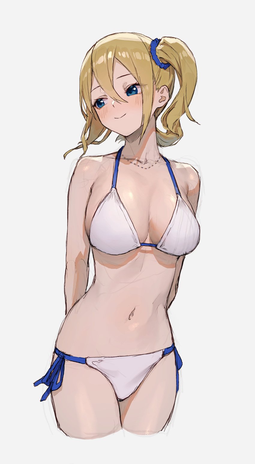 1girls absurd_res absurdres arms_behind_back bare_arms bare_midriff bare_shoulders bare_thighs belly belly_button bikini blonde_female blonde_hair blonde_hair_female blue_eyes blue_eyes_female blush blush blush_lines breasts breasts cleavage collarbone dot_nose female female_focus female_only groin hair_between_eyes hands_behind_back hayasaka_ai head_tilt high_resolution highres hourglass_figure kaguya-sama_wa_kokurasetai_~tensai-tachi_no_renai_zunousen~ light_skin long_hair looking_back medium_breasts navel neck necklace nude shiny_skin shoulders side_ponytail sidelocks simple_background slender_body slender_waist slim_girl slim_waist smile smiling solo sooon standing string_bikini student swimsuit swimwear teenager thick_thighs thighs thin_waist tilted_head upper_body white_background white_bikini white_bikini_bottom white_bikini_top white_swimsuit white_swimwear