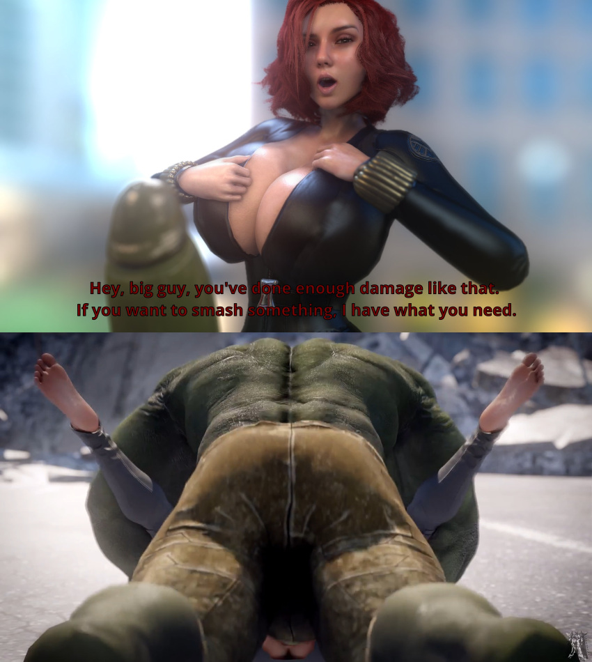 1boy 1boy1girl 1girl1boy 1girls 3d 3d_(artwork) alternate_breast_size avengers barefoot big_breasts bimbo black_widow_(marvel) breasts_bigger_than_head cleavage clothed clothing edit feet female green-skinned_male green_skin huge_breasts huge_cock hulk hulk_(series) human instant_loss_2koma instant_win instant_win_2koma large_breasts larger_male leguymelef light-skinned_female light_skin male marvel marvel_comics mating_press muscular_male natasha_romanoff red_hair size_difference smaller_female soles straight text vaako