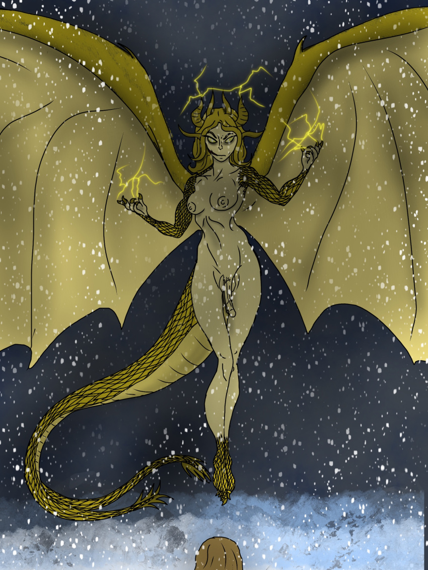 apple3.14 big_breasts blizzard_(weather) breasts diphallia diphallism dragon_girl dragon_wings electricity emma_russell futadom futanari genderswap glowing_eyes godzilla_(series) gold_eyes gold_skin golden_hair humanoid king_ghidorah monster_girl monsterverse multi_penis penis queen_ghidorah scalie snowing solo tail wings