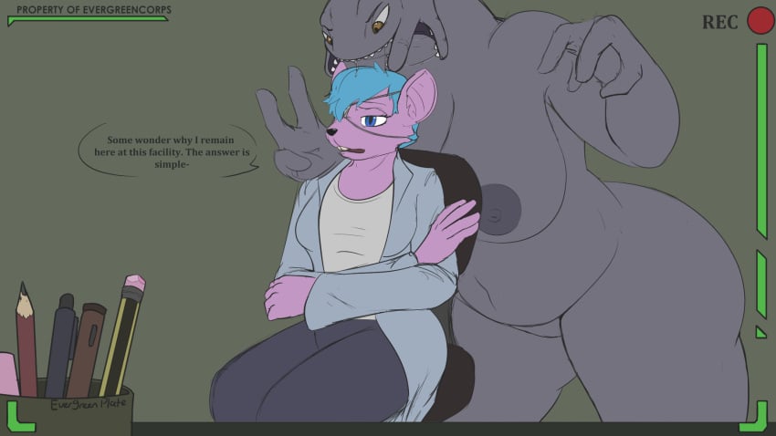1:1 2021 2girls alien alien_girl anthro big_breasts blue_eyes blue_hair breasts brown_eyes camera camera_view dialogue digital_media_(artwork) english_text evergreenplate female female/female female_pred female_prey hair halo_(game) halo_(series) hi_res implied_vore lab microsoft mouse murid murine oral_vore purple_body sangheili scientist text video_games vore xbox_game_studios yuri