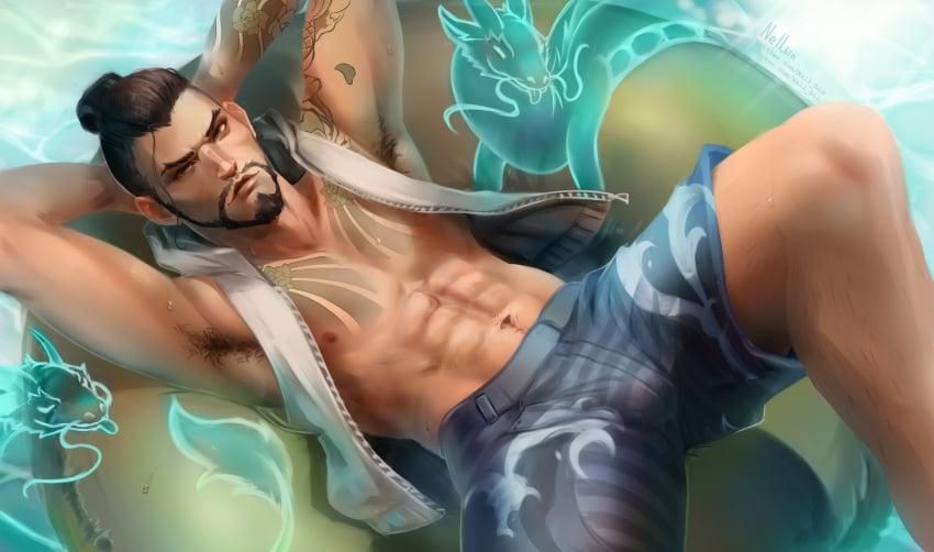 1boy alternate_hairstyle armpit_hair armpits arms_behind_back beard bulge chest_tattoo floatie hanzo male male_only muscular overwatch pool swimming_trunks swimwear tattoo tattoos wave_hanzo wet yaoi