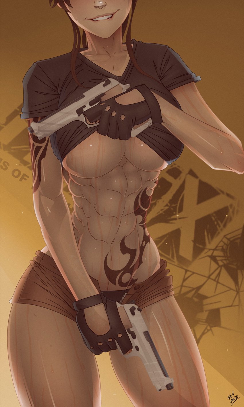 1girls abs big_breasts biting_lip black_lagoon breasts clothed clothing female female_only female_protagonist fenixman12 human light_skin mostly_clothed muscle muscular_female open_clothes open_pants revy shirt_lift shirt_up short_shorts shorts solo standing tagme tattoo toned_female underboob