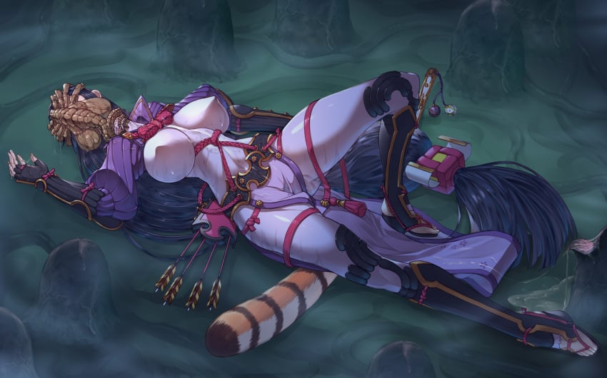 alien alien_(franchise) bad_end black_hair cero320 choking corpse death defeated facehugger facehugger_egg facehugging fate/grand_order fate_(series) huge_breasts minamoto_no_raikou_(fate/grand_order) tagme tail xenomorph