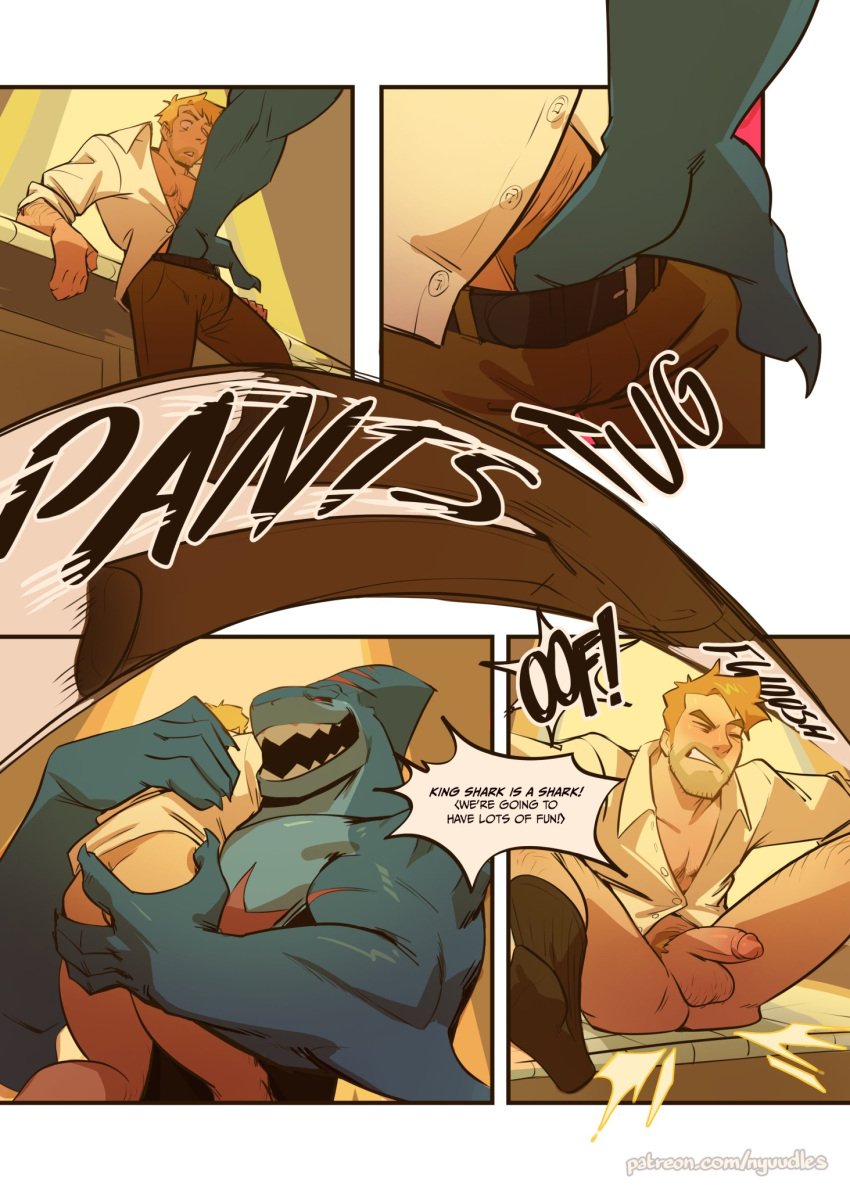 2boys anthro ass ass_visible_while_carried balls blonde_hair blue_body blush bulge carrying_over_shoulder comic dc_comics duo english_text facial_scar fish gay genitals hair hand_on_butt hi_res human human_on_anthro imminent_sex interspecies john_constantine king_shark larger_anthro male male/male male_only mammal marine muscular muscular_male nude nyuudles penis power_bottom scar shark size_difference smaller_human teeth text undressing_partner yaoi