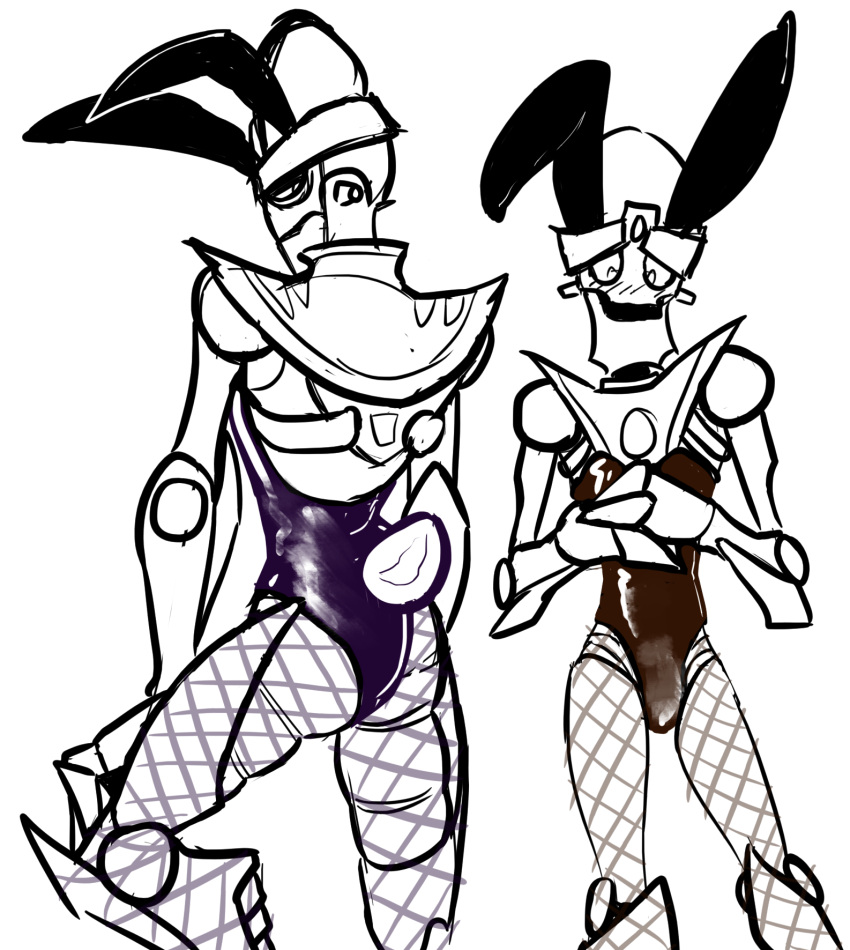 2boys 2robots boner boner_in_pants bunny_costume bunny_ears bunnysuit crossdressing doctor_nefarious emperor_nefarious fishnets latex latex_bodysuit male male_only non-human playboy_bunny playboy_bunny_leotard ratchet_and_clank rear_view robot skeletal slipsy2 villain