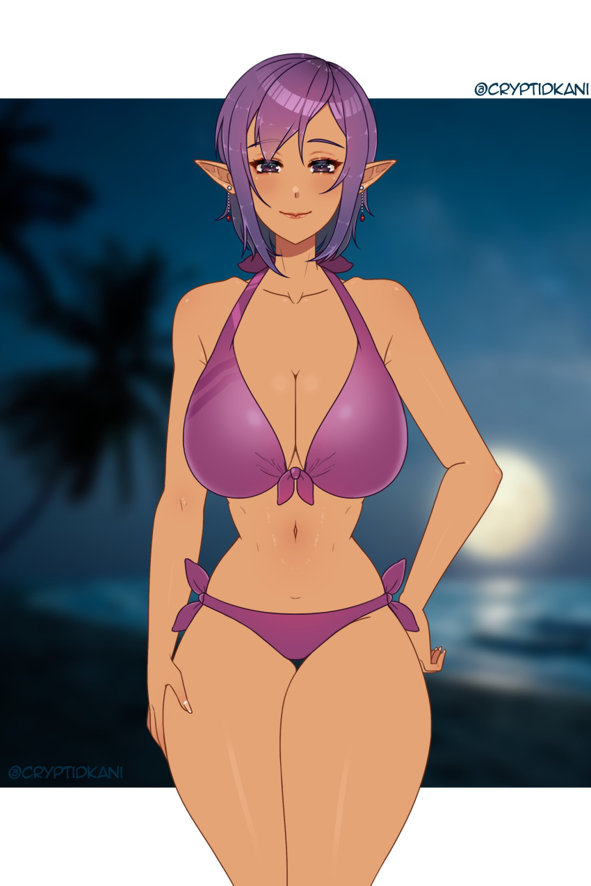 1girls bare_legs bare_midriff bare_shoulders bare_thighs beach bikini cleavage collarbone cryptid_crab dark-skinned_female dark_skin earrings elf full_moon kizmel large_breasts looking_at_viewer medium_hair moon night ocean palm_tree pointy_ears purple_bikini purple_eyes purple_hair purple_swimsuit seaside smile solo swimsuit sword_art_online thick_thighs tree violet_bikini violet_swimsuit