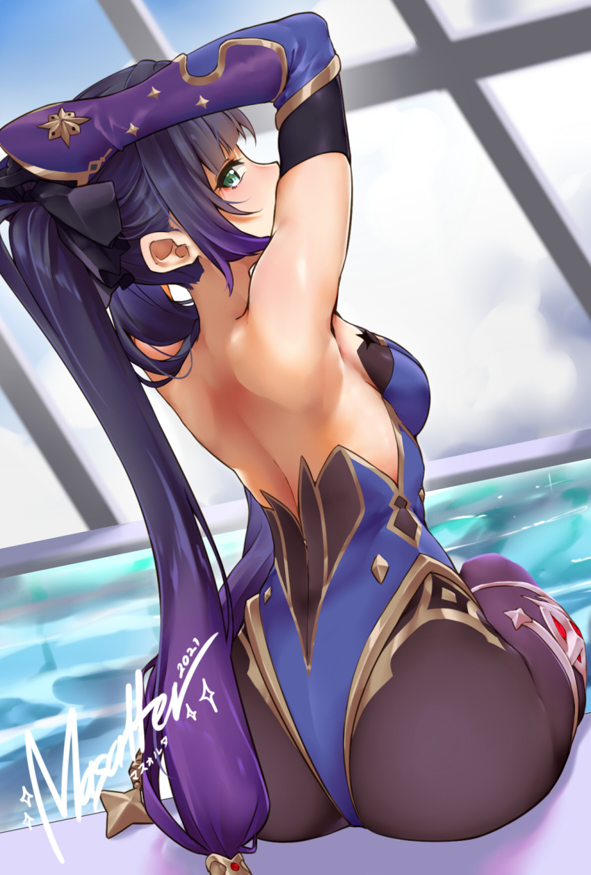 1girls aqua_eyes ass clothed clothing female genshin_impact hanazono_room indoor_pool long_hair looking_at_viewer masalter mona_(genshin_impact) pool purple_hair sideboob sitting solo that_pool twintails water white_skin