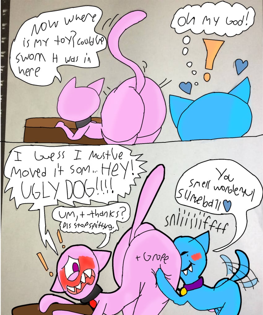 1boy ass ass_grab balls bent_over blush box collar comic domestic_dog dotonefotdevg202 female furry happy_trail male male/female penis sniffing tail text text_bubble toybox uglydog uglydolls