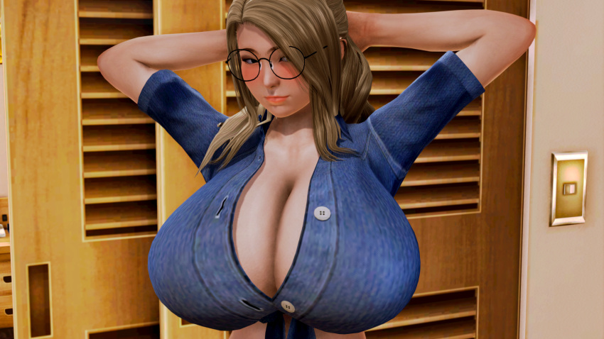 1girls 3d big_breasts blonde_hair breast_expansion breast_inflation cleavage cleavage_cutout clothed expansion fake_breasts female female_only fetish game_cg glasses happy honey_select huge_breasts large_breasts looking_at_viewer madzisstacked massive_breasts pose posing real_person smile smiling solo theduudeman