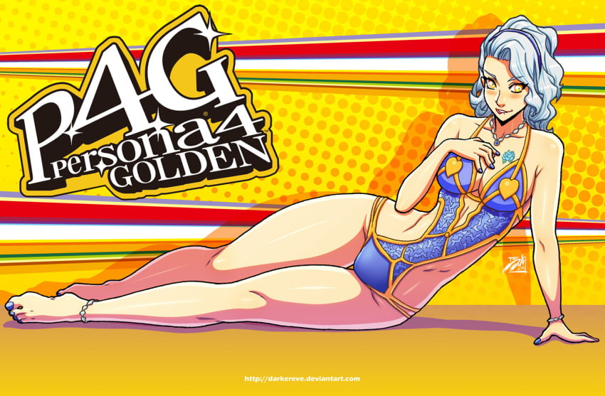 1girls 2019 bikini biting_lip blue_nails blush breasts darkereve female_focus female_only looking_at_viewer margaret_(persona) necklace persona persona_4 short_hair solo tattoo voluptuous white_hair white_skin yellow_background yellow_eyes