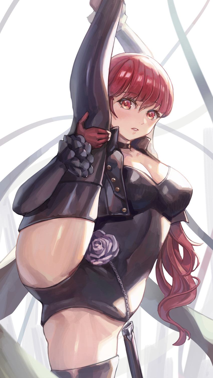 1girls big_breasts black_legwear black_leotard blush breasts choker heartseek000 holding holding_leg holding_legs kasumi_yoshizawa leg_up legs legs_up leotard long_hair looking_at_viewer persona persona_5 persona_5_royal ponytail red_eyes red_gloves red_hair rose sumire_yoshizawa thick_thighs thighhighs thighs