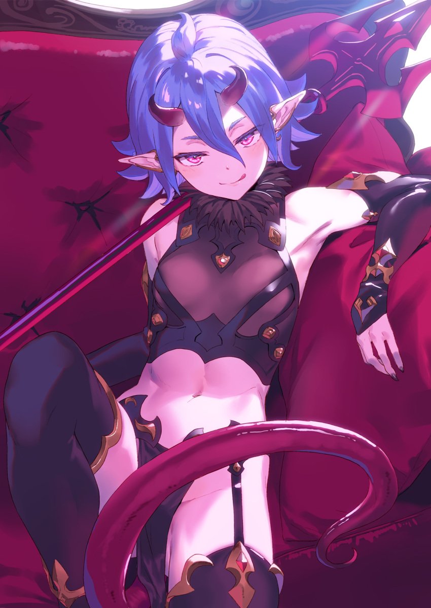 1girls abs armpits breasts cleavage elf_ears female female_focus female_only horn horns kinta_(distortion) legwear licking_lips looking_at_viewer navel pointy_ears sitting solo solo_female spear succubus tagme tail trident