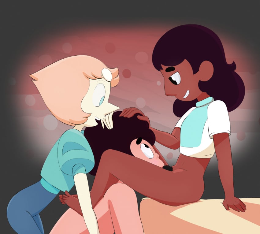 1boy 2girls bottomless cartoon_network connie_maheswaran cunnilingus dark-skinned_female dark_skin eating_pussy female gem_(species) implied_cunnilingus implied_oral male oral pearl_(steven_universe) pubic_hair shirt sitting smile spakka5 steven_quartz_universe steven_universe threesome