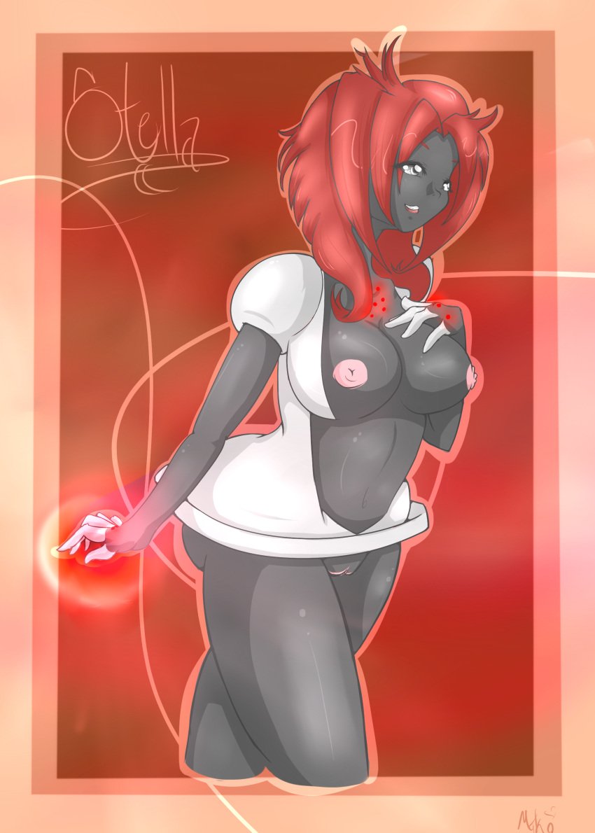 anthro anthrofied black_skin cinna-star dress female large_breasts magic no_panties open_mouth pokemon pokemon_rse red_hair registeel solo