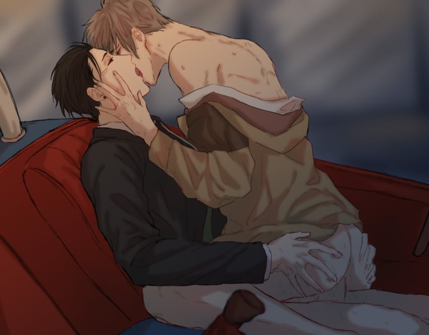 2boys anal anal_sex anal_sex ass ass_grab black_hair brown_hair car_interior closed_eyes daisuke_kambe gay hand_on_ass haru_kato inside_car jacket kissing kissing lap_dance_position male/male male_penetrated male_penetrating male_penetrating_male on_lap partially_clothed penetration penis penis_in_ass sex the_millionaire_detective_balance:unlimited tongue_kiss yaoi