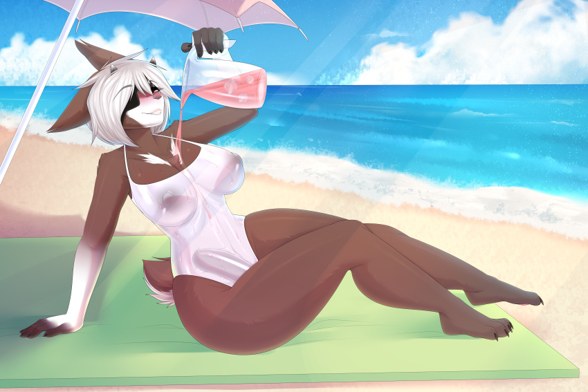 absurd_res anthro beach blush bovid breasts brown_body brown_fur caprine clothing fur futanari genitals goat hair hi_res humanoid hybrid intersex mammal nipples penis sea seaside shudayuda smile solo solo_focus swimwear water white_hair yellow_eyes