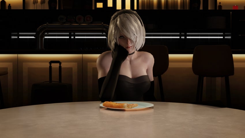 1080p 3d black_dress blue_eyes date elbow_gloves lazyprocrastinator nier nier:_automata nier_(series) pale-skinned_female pizza pov restaurant romantic smile smiling_at_viewer solo white_hair yorha_2b