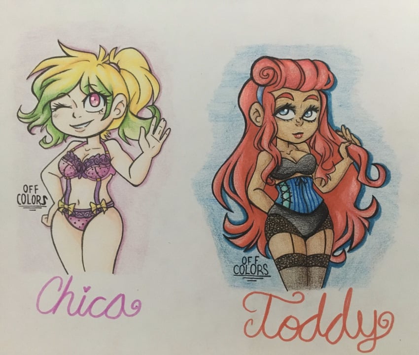 bikini blonde_hair blue_eyes chica_(fnafhs) dark_skin fhsz3r0 fnafhs lingerie red_hair tagme toddy_(fnafhs) two_tone_hair violet_eyes