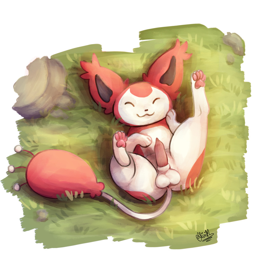 absurd_res alpha_channel anus balls big_tail closed_eyes felid furry genitals grass_field hi_res male mammal mimibun305 nintendo pawpads paws penis pokémon_(species) pokemon presenting presenting_penis raised_paw rock shiny_pokemon shiny_skitty simple_background skitchi_(matixotter) skitty smile solo spread_legs spreading transparent_background video_games