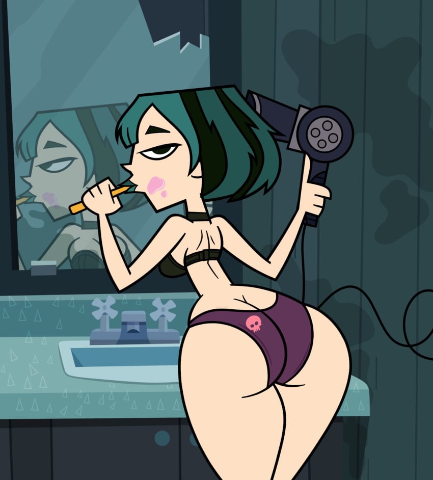 1girls ass ass_cleavage bathroom big_breasts bra breasts brushing_teeth busty butt_crack canon_panties choker cleavage elinor_the_witch ellissummer female female_focus female_only goth green_hair gwen_(tdi) hair_dryer hornyhobbit hourglass_figure huge_ass looking_at_viewer looking_back mirror mother-of-trolls narrow_shoulders panties print_panties purple_panties short_hair skull_panties skull_print skull_print_panties solo thick_thighs thin_arms thin_waist toothbrush toothpaste total_drama_island wide_hips