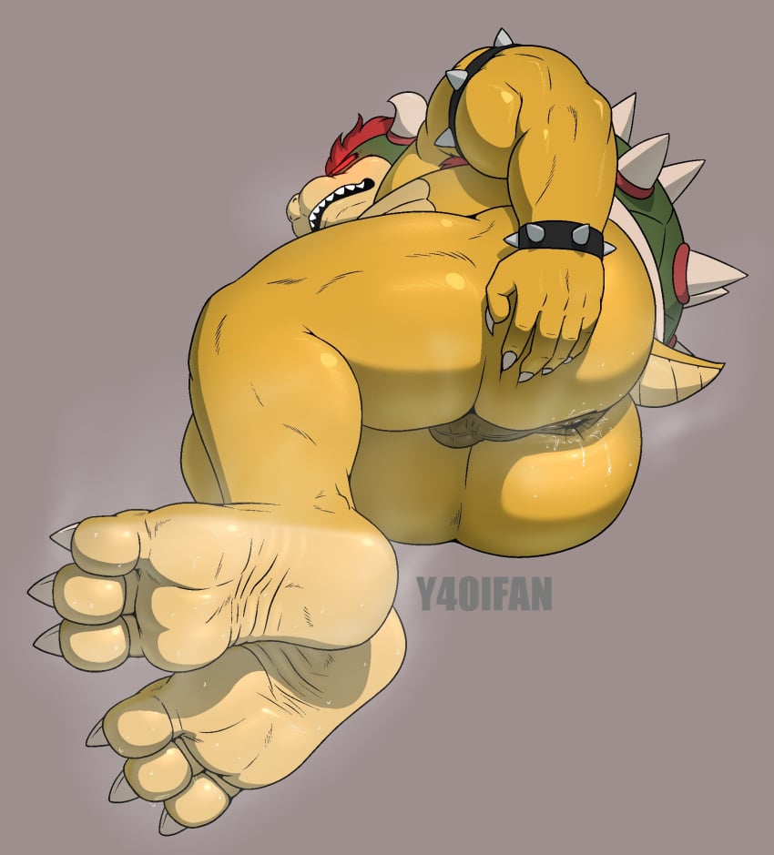 2021 anthro anus armband armpit_hair artist_name ass backsack balls bara big_butt body_hair bowser bowser_day bracelet claws eyebrows feet foot_fetish gay genitals grey_background hair hand_on_butt hi_res horn jewelry koopa lying male male_only mario_(series) nintendo nude on_side open_mouth open_smile penis perineum scalie shell simple_background smile soles solo spiked_armband spiked_bracelet spiked_shell spikes spikes_(anatomy) thick_penis video_games y40ifan