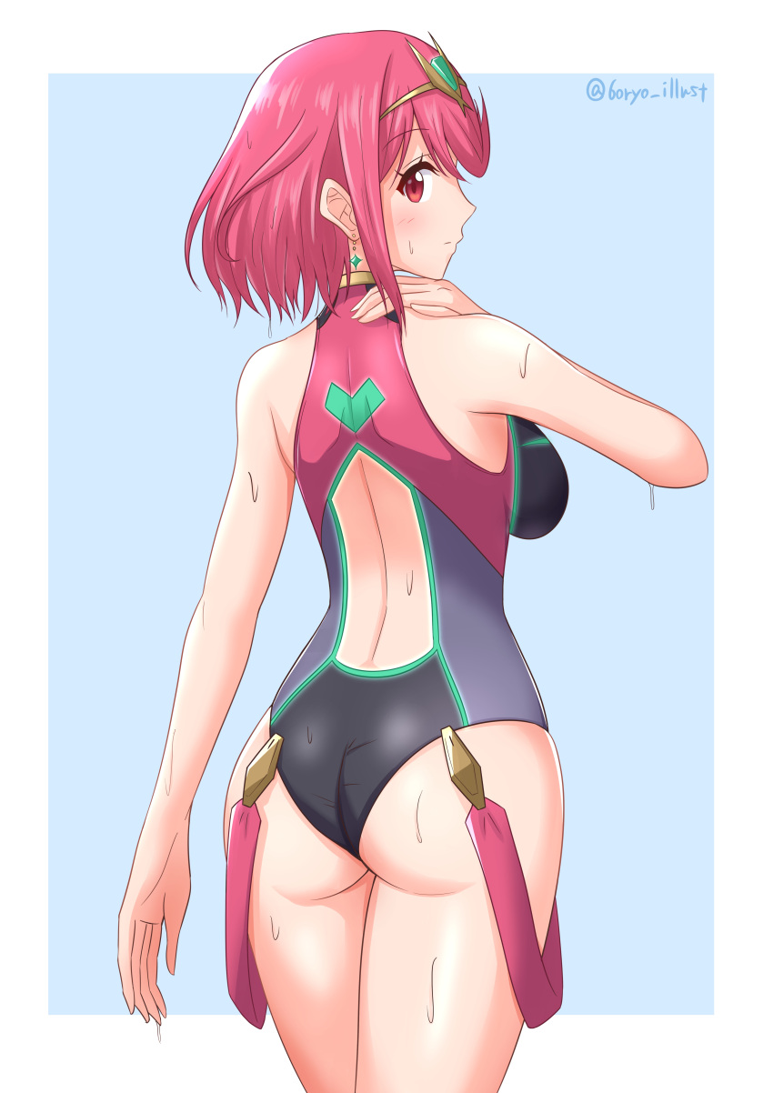 1girls 6oryo_illust alternate_costume ass ear_piercing female female_only light-skinned_female light_skin nintendo one-piece_swimsuit pyra red_eyes red_hair short_hair sideboob solo solo_female swimsuit water wet xenoblade_(series) xenoblade_chronicles_2