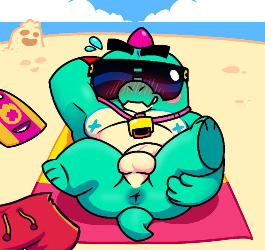 anthro balls beach beach_towel blush brawl_stars buzz_(brawl_stars) cute dinosaur floatie gay inviting looking_at_viewer male_only nude overweight_male scalie seaside slightly_chubby spread_legs supercell sweatdrop yaoi yukki_starr