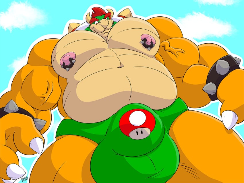 2021 anthro balls_outline bara belly biceps big_bulge big_muscles bowser bowser_day bracelet bulge claws clothing cloud cooner dated day eyebrows genital_outline hair hi_res horn huge_bulge huge_muscles jewelry koopa looking_at_viewer looking_down love_handles low-angle_view male male_focus male_only male_solo mario_(series) musclegut muscular muscular_anthro muscular_male navel nintendo nipple_piercing nipple_ring nipples outside pecs penis_outline piercing scalie shell signature small_head solo solo_male spiked_bracelet spiked_shell spikes spikes_(anatomy) underwear vein video_games