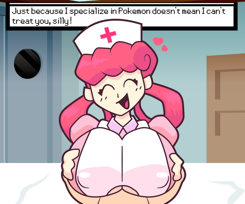 1boy 1girls alternate_breast_size big_breasts breasts clothed faceless_male female game_freak huge_breasts human large_breasts nintendo nurse nurse_joy paizuri paizuri_under_clothes pink_hair pokemon pov straight