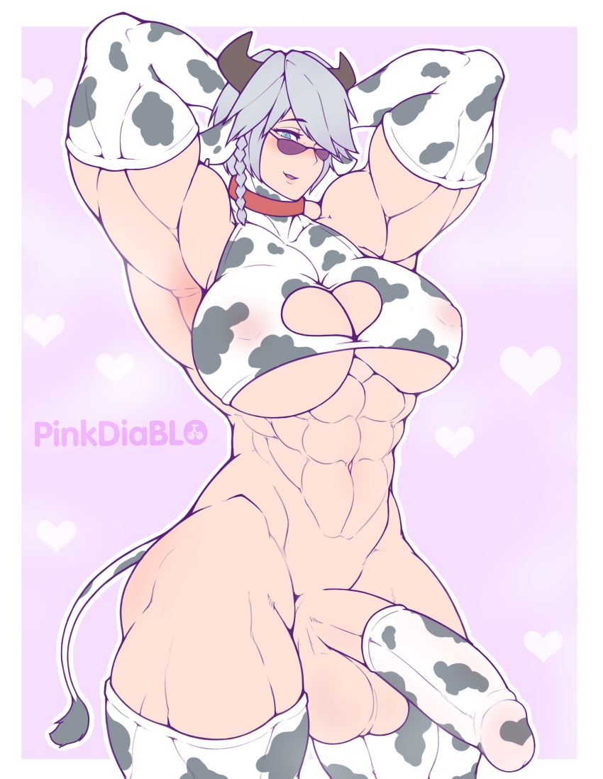 1futa 2021 abs absurd_res animal_humanoid arms_up balls biceps big_balls big_breasts big_penis bottomless breasts cleavage_cutout clothed clothing condom cow_girl cow_print elbow_gloves futa_only futanari genitals gloves grey_hair hair heart hi_res horn humanoid humanoid_penis intersex legwear light-skinned_futanari light_skin mammal muscular muscular_futanari muscular_intersex nipple_outline pale_skin partially_clothed penis pinkdiablo quads sexual_barrier_device solo standing thigh_highs thighhighs triceps under_boob