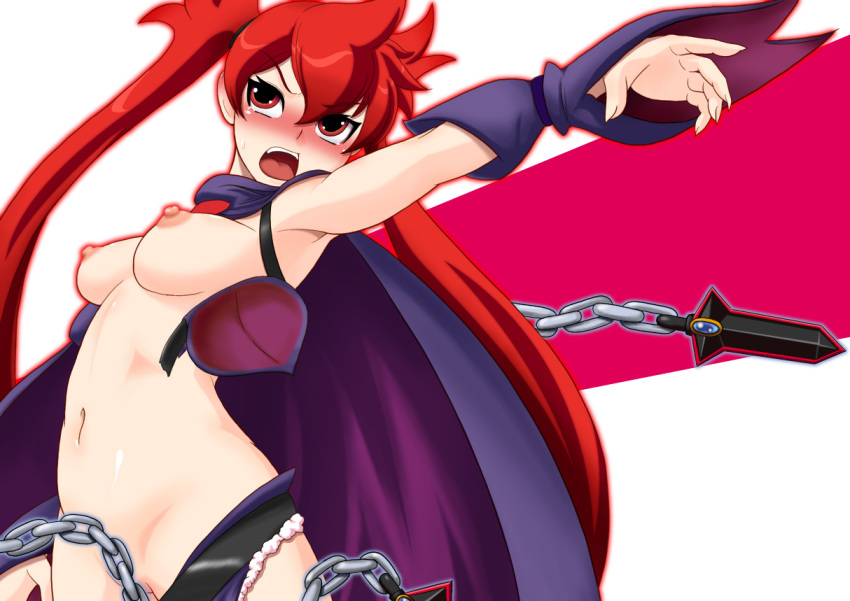 1girls arcana_heart_3 armpits blush breasts cape chains female long_hair nipples red_hair scharlachrot solo tear tied_hair tomatto_(@ma!) twintails wardrobe_malfunction weapon