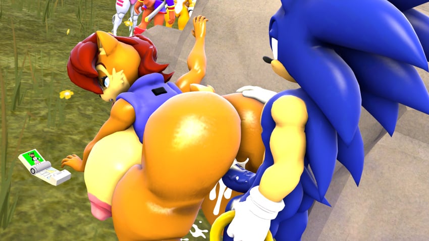 1boy 1girls 3d 3d_(artwork) big_ass big_breasts big_butt blueapple cum cum_in_pussy cum_inside from_behind from_behind_position looking_pleasured sally_acorn sonic_(series) sonic_the_hedgehog source_filmmaker