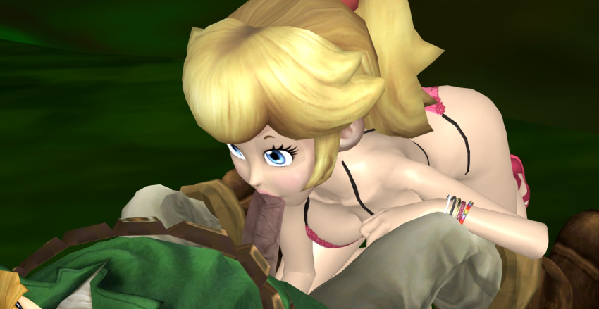 1boy 1girls 3d ass bent_over big_breasts bikini blonde_hair blowjob breasts crossover fellatio female large_breasts link link_(ocarina_of_time) lipstick male mario_(series) nintendo ocarina_of_time oral penis pink_bikini pink_lipstick ponytail princess_peach residentlover2 the_legend_of_zelda unseen_male_face