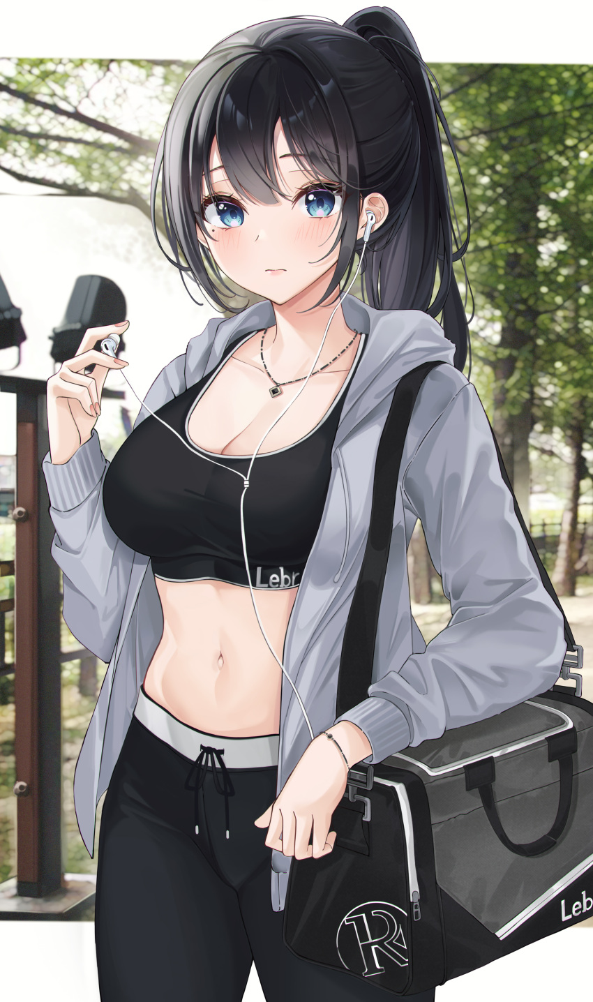 1girls 3: bag bangs black_hair black_pants black_shirt blue_eyes blush bra breasts clavicle cleavage closed_mouth clothing cowboy_shot crop_top drawstring duffel_bag earbuds female female_only fence grass grey_jacket high_resolution holding jacket jewelry large_breasts large_filesize lebring long_hair long_sleeves looking_at_viewer medium_breasts midriff mole mole_under_eye navel necklace open_clothes open_jacket original outdoors pants ponytail shirt solo sports_bra standing stomach tied_hair tree underwear very_high_resolution yoga_pants