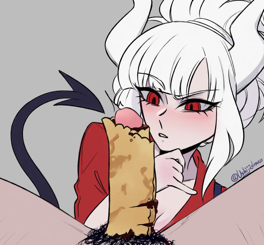 demon_girl food_on_penis food_penetration food_play helltaker lucifer_(helltaker) pancake penis red_eyes ushiji white_hair