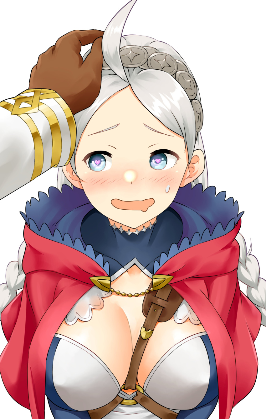 1boy 1girls aqua_eyes blush braid cleavage covered_nipples female_pervert fire_emblem fire_emblem_fates headpat heart-shaped_pupils igni_tion kiran_(fire_emblem) kiran_(fire_emblem)_(male) large_breasts naughty_face nina_(fire_emblem) nintendo nipple_bulge open_mouth pov redkite smile solo_focus twin_braids