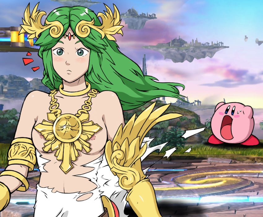 1girls breasts cleavage female female_only green_hair hair_ornament kid_icarus kid_icarus_uprising kirby kirby_(series) long_hair nintendo palutena ripped_clothing solo_female super_smash_bros. super_smash_bros._for_nintendo_3ds_and_wii_u surprised thecrazypartyco torn_clothes torn_clothing