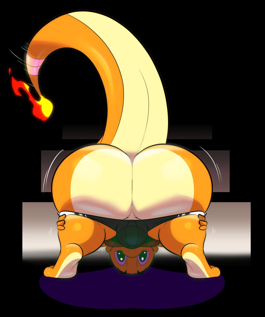 absurd_res anthro ass bent_over big_butt black_background charmander clothing fan_character fire flaming_tail genital_outline hadou hadou_(satsui-n0-had0u) hi_res huge_butt looking_at_viewer male male_only nintendo orange_body overweight pokémon_(species) pokemon presenting presenting_hindquarters raised_tail satsui-n0-had0u simple_background solo underwear underwear_down video_games wide_hips