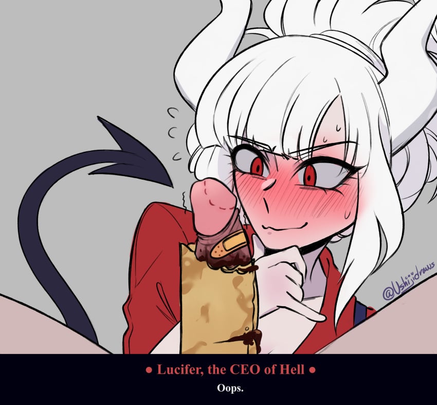 bite bite_mark blush demon_girl food_on_penis helltaker lucifer_(helltaker) penis red_eyes ushiji white_hair