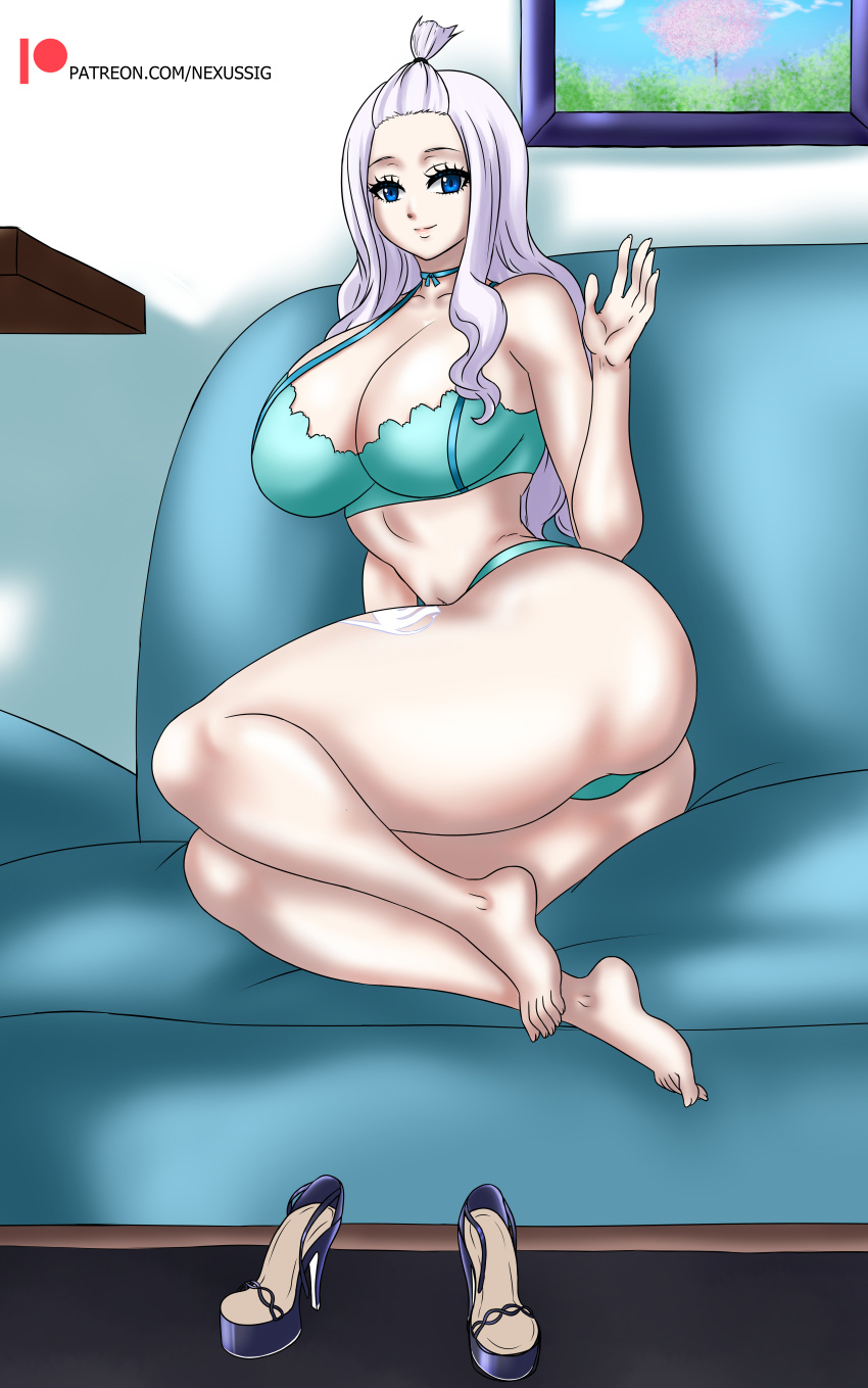 1girls barefoot big_ass big_breasts big_butt blue_eyes blue_underwear bra breasts fairy_tail female female_only heels_removed large_ass mirajane_strauss nexus-sig panties sofa solo solo_female underwear white_hair