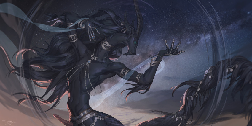 2021 5_fingers absurd_res anthro black_body black_fur black_hair detailed_background digital_media_(artwork) fingers fur genitals hair hi_res horn male night outside penis sky solo star starry_sky takiroku-sama