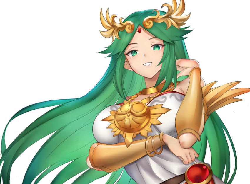 alternate_version_available big_breasts breasts edit edited ei1han goddess green_eyes green_hair kid_icarus kid_icarus_uprising nintendo palutena super_smash_bros. third-party_edit white_background yowuyoru