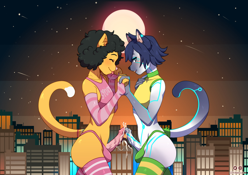 anthro blackcat97 blush city cityscape clothed clothing confusedkitty crossdressing destroyed_building duo ejaculation felid feline femboy frottage girly hainequem hand_holding hi_res macro male male/male mammal sex