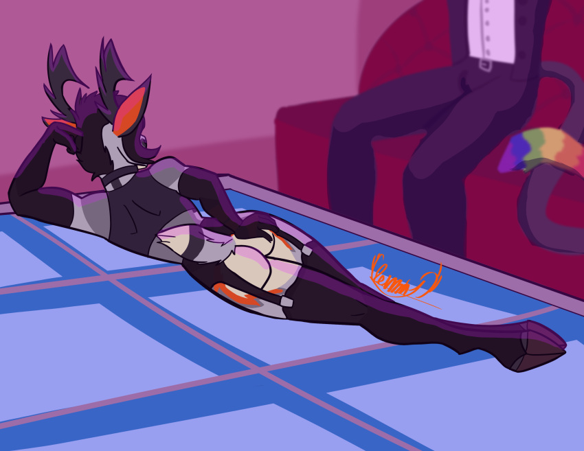 absurd_res anthro antlers avian brothel capreoline cervid clothing cyberpunk duo furniture gryphon hi_res hooves horn inside legwear lingerie male male/male mammal mythological_avian mythology neon_lights rammy_(artist) rammy_chemicaldeer reindeer show skoop sofa table_dance thigh_highs