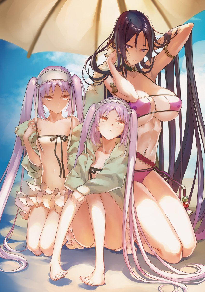 3girls beach bikini breasts euryale euryale_(fate) eyepatch_bikini fate/grand_order fate_(series) feet full_body kneeling minamoto_no_raikou_(fate/grand_order) outdoors sitting stheno stheno_(fate) swimsuit white_skin